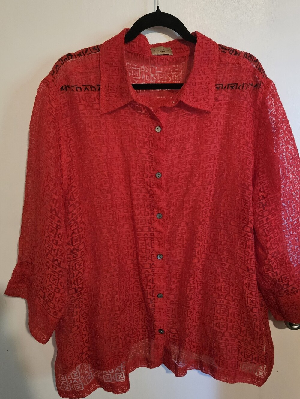 Choices Women’s Blouse 2X Red Sheer Geometric Button Down 3/4 Sleeve Layering